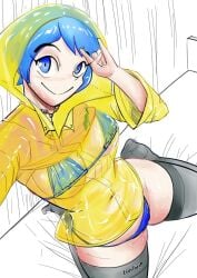 1girls aged_up belly_button bikini blue_bikini blue_eyes blue_hair female idatoh light-skinned_female light_skin luce_(vatican) raincoat solo thighhighs