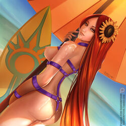 1girls ass badcompzero beach bondage breasts bukkake cum cum_on_ass cum_on_face cum_on_lips cum_on_shoulder dat_ass female hair_flower harness league_of_legends leona_(league_of_legends) nipples nude pool_party_leona pool_party_series solo sunflower umbrella