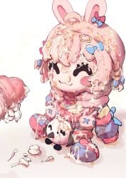 1boy :3 ^_^ ahoge animal_ears blush_stickers bow bukkake character_doll closed_eyes cum cum_on_object doll erection hair_ornament hairbow hashtag-only_commentary heart heart_hair_ornament highres hollowsuia jacket long_sleeves object_focus penis phase_connect pink_hair pipkin_pippa pipkin_pippa_(1st_costume) rabbit_ears rabbit_hair_ornament simple_background sleeves_past_fingers sleeves_past_wrists smile stain stuffed_toy uncensored variant_set virtual_youtuber white_background