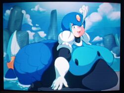 beach big_ass capcom cliff fat gellycannon in_water lying_down mega_man mega_man_8 morbidly_obese obese outdoors outside overweight splash_woman style_parody vhs_filter water