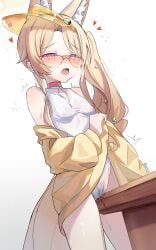 ^^^ absurdres animal_ear_fluff animal_ears aroused bare_shoulders blonde_hair blue_archive blush breasts bright_pupils cameltoe chinese_commentary commentary covered_nipples cowboy_shot crotch_rub diamond_cutout drooling dutch_angle extra_ears female female_masturbation forehead fox_ears fox_girl furrowed_brow heart highres jacket long_hair masturbation mouth_drool official_alternate_costume official_alternate_hairstyle one-piece_swimsuit open_clothes open_jacket open_mouth orange-tinted_eyewear parody parted_bangs penis pink_eyes pussy_juice sanoba_witch scene_reference seia_(blue_archive) seia_(swimsuit)_(blue_archive) side_ponytail sidelocks simple_background small_breasts solo swimsuit table_humping tanezaki_atsumi tears teeth tinted_eyewear twitching twitter_username upper_teeth_only visor_cap voice_actor_connection white_background white_one-piece_swimsuit white_pupils wrnmsb yellow_jacket