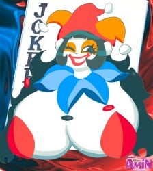 1girls artist_sweetbeanamin balatro big_breasts card clown clown_girl female jester jester_hat jester_outfit