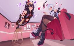 1boy absurdres anal anal_object_insertion animegao arms_behind_back bare_shoulders black_thighhighs bondage boots chastity_cage cosplay couch detached_sleeves dildo eyewear_on_head female flat_chastity_cage glasses grey_hair heterochromia high_heel_boots high_heels highres hogtie jianghuyemeng_(midsummer) kigurumi long_hair looking_at_viewer navel nipple_piercing object_insertion on_couch original piercing pointy_ears purple_hair red_eyes restrained sex_machine sex_toy shibari_over_clothes shirt sitting skindentation small_chastity_cage suspension thighhighs trap white_shirt x-ray zettai_ryouiki