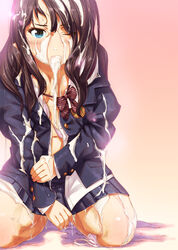 blue_eyes blush bra breasts brown_hair covering cum cum_in_mouth gradient gradient_background highres kneeling long_hair looking_at_viewer meiz miniskirt one_eye_closed open_clothes panties panties_around_one_leg pleated_skirt school_uniform skirt slit_pupils torn_clothes underwear