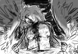 adventure_forward_2 anshine_(adventure_forward_2) bare_chest blood_drip blood_in_mouth blood_on_neck feathers halo heresy_heresy ripping_clothing roblox sketch wings wings_on_head