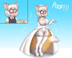 2024 5_fingers anthro arcanis_(hahaluckyme) blue_background blush breast_growth breasts camel_toe clothing cute_fangs digit_ring digital_media_(artwork) disembodied_hand domestic_cat dress duo english_text fangs felid feline felis female fingers flybeeth footwear gender_transformation grey_hair growth hair hi_res high_heels jewelry legwear leotard male mammal mtf_transformation open_mouth poof_transformation ring shoes simple_background solo_focus standing stockings surprised tail teeth text transformation underwear wedding_ring white_clothing white_dress white_footwear white_high_heels