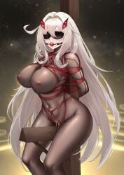 absurdres arms_behind_back ball_gag blindfold bodystocking bodystocking_only bondage bound bound_arms bound_torso breast_bondage breasts cameltoe censored covered_navel covered_nipples eye_hair_ornament female female_ejaculation gag gagged genshin_impact hair_between_eyes hair_intakes hair_ornament highres large_breasts long_hair nipples pussy_juice red_rope restrained ronova_(genshin_impact) rope shibari_over_clothes side_ahoge skin_tight solo tied_to_stake upright_restraints very_long_hair white_hair wiffle_gag wo_de_jin_sun wooden_horse