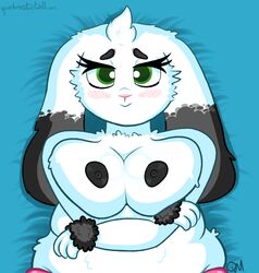 anthro areolae blush borrowed_character breasts chubby crossed_arms green_eyes huge_breasts lagomorph large_areolae large_breasts looking_at_viewer lying original pink_nose plump pov quackmeister rabbit thick_eyebrows white_fur