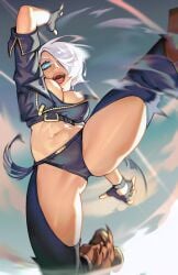 1girls abs angel_(kof) blue_eyes breasts cleavage crop crop_top female female_focus female_only fighting_stance fingerless_gloves fit fit_female gloves jacket king_of_fighters leg_up midriff motion_blur motion_lines mouth_open rim_jims tagme white_hair