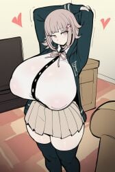1girl ai_generated backpack bag big_breasts black_legwear breasts danganronpa danganronpa_2:_goodbye_despair flipped_hair hair_ornament hairclip heart huge_breasts looking_at_viewer nanami_chiaki pink_eyes pink_hair pink_ribbon pleated_skirt sabaento short_hair skirt thighhighs