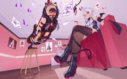 1boy absurdres ahe_gao anal anal_object_insertion animegao arms_behind_back ball_gag bare_shoulders black_thighhighs bondage boots chastity_cage cosplay couch crying crying_with_eyes_open cum detached_sleeves dildo eyewear_on_head female flat_chastity_cage gag gagged glasses grey_hair heart heart-shaped_pupils high_heel_boots high_heels highres hogtie jianghuyemeng_(midsummer) kigurumi long_hair looking_at_viewer navel nipple_piercing object_insertion on_couch original piercing pointy_ears purple_hair red_eyes restrained sex_machine sex_toy shibari_over_clothes shirt sitting skindentation small_chastity_cage suspension symbol-shaped_pupils tears thighhighs trap white_shirt wiffle_gag zettai_ryouiki