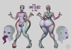 alien alien_humanoid ass balls big_butt biped bottom_heavy clothing elking flaccid genitals green_body green_skin grey_background hairless hi_res huge_butt huge_thighs humanoid humanoid_genitalia humanoid_penis lips long_tongue male model_sheet nonbinary_(lore) nude pear-shaped_figure penis purple_sclera roswell_grey simple_background smile solo standing thick_thighs tongue tongue_out topwear umo_quatz_(ozthegoblin) wide_hips