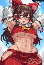 1girls armpits blannis_art blush breasts brown_eyes brown_hair detached_sleeves female female_only female_protagonist hair_ribbon hair_tubes hands_behind_head large_breasts long_hair midriff midriff_baring_shirt miko navel outdoors pale-skinned_female pale_skin reimu_hakurei shrine_maiden sweat sweaty sweaty_body thick_thighs thong_straps touhou underboob wide_hips