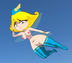 blonde_hair breasts cleft_of_venus clothing fairy female flight_attendant functionally_nude functionally_nude_female hat headgear headwear hi_res insect_wings jewelry leggings legwear lorded nipples nude nude_female nymph_(rayman) plump_labia pussy rayman_(series) rayman_origins salute solo ubisoft vulva wendy_weather_(rayman) wide_hips wings
