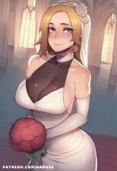 ai_generated big_ass big_breasts big_butt big_thighs blonde_hair blue_eyes blush bridal_veil church flower flower_in_hair gloves huge_ass huge_butt huge_thighs league_of_legends lux luxanna_crownguard medium_breasts see-through see-through_cleavage see-through_clothing sideboob tight_clothing tight_dress wanuze wedding_dress white_dress wide_hips