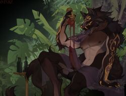 64nkz animal_genitalia animal_penis anthro arm_tattoo big_breasts breasts canid canine canine_genitalia canine_penis canis deity ear_piercing facial_tattoo fangs food food_fetish food_play fur genitals hi_res knot knotted_penis male mammal nude penis piercing plant solo tattoo teeth wine_bottle wolf yellow_body yellow_fur