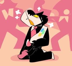 2021 ambiguous_gender animal_genitalia animal_penis anthro avian balls black_body black_bottomwear black_clothing black_fur black_pants black_topwear black_vest blush bodily_fluids bottomwear bottomwear_pull clothing clothing_pull darkner deltarune digital_media_(artwork) disembodied_hand duo eyewear fur genitals glasses hi_res kneeling male male/ambiguous mask multicolored_clothing necktie pants pants_pull pawplants penis sheath solo_focus swatch_(deltarune) swatchling sweat tapering_penis topwear undertale_(series) vest white_clothing white_topwear white_vest