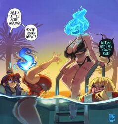 2girls ass big_breasts bikini black_hair blonde_hair blue_eyes closed_eyes dialogue dullahan embarrassed english_text female female_only gattles partially_submerged pool side-tie_bikini speech_bubble swimsuit