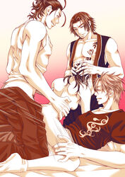 3boys anal breasts cum cumdrip drooling erection fellatio female gradient_background group_sex happy_sex multiple_boys muscle nihongou nude oral otegine penetration penis saliva sex steam sweat testicles tonbokiri_(touken_ranbu) touken_ranbu vaginal_penetration