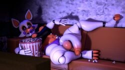 16:9 3d_(artwork) animatronic anthro balls big_balls big_breasts big_penis blush blush_stickers breasts canid canine digital_media_(artwork) five_nights_at_freddy's five_nights_at_freddy's_world flaccid food fox furniture genitals gynomorph humanoid_genitalia humanoid_penis inside intersex lipstick lolbit_(fnaf) lying machine makeup mammal on_back on_sofa open_mouth penis popcorn robot scottgames sfmmations sofa solo thick_thighs wide_hips widescreen