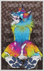 absurd_res anthro anus ass ball_squish balls bedroom_eyes bodily_fluids canid canine canis cirice_(sparklepupfaeri) claws cum cum_in_ass cum_inside cum_on_butt dewclaw digital_media_(artwork) digitigrade domestic_dog feet femboy feminine fluffy foot_focus fur genital_fluids genitals hi_res husky licking licking_lips long_fur lyrics male mammal mixed_breed multicolored_body multicolored_fur narrowed_eyes nordic_sled_dog pawpads paws piercing polydactyly pomeranian pomsky procreate_(artwork) rainbow_body rainbow_fur rear_view seductive siberian_husky solo sparklefur sparklepupfaeri spitz spots spotted_mouth spotted_tongue squish teeth text thick_thighs tongue tongue_out wide_hips
