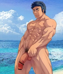 1boy abs bara beach censored erection funa_(artist) looking_at_viewer male male_only muscle muscles nude outdoors pecs penis solo summer tagme testicles water