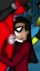 1boy 2girls ai_generated_voice ai_voice_acted animated batgirl blowjob camera cum cum_on_face dark-skinned_sub dc dc_comics deepthroat dick_grayson erection fellatio femboy futa_on_male futadom futanari hand_on_head harley_quinn harley_quinn_(classic) light-skinned_futa light_skin lipstick lipstick_smear pale-skinned_futa pale_skin prudentialtower recording robin_(dc) sissy sound tan-skinned_femboy tan_body tan_skin video