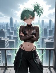 ai_generated alternate_costume artist_name aura bikini bikini_under_clothes black_bikini black_pants breasts building city cityscape cowboy_shot crop_top crossed_arms day earrings female green_eyes green_hair grin highleg highleg_bikini hoop_earrings jewelry long_sleeves looking_at_viewer medium_breasts midriff navel necklace one-punch_man outdoors pants panty_straps railing see-through see-through_shirt shirt side-tie_bikini_bottom side_ponytail sky smile solo standing stomach string_bikini swimsuit tatsumaki wumpart