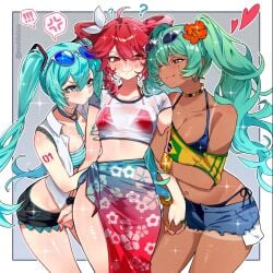 ! !! 3girls ? ahoge anger_vein aqua_hair aqua_nails arm_tattoo artist_name bead_necklace beads bikini black_bikini black_scrunchie black_shorts blue_sarong blue_shorts blush bow bracelet brazilian_flag brazilian_miku breasts cleavage closed_mouth collared_shirt commentary drill_hair earrings english_commentary eyewear_on_head floral_print flower gold_bracelet gradient_sarong green_hair grey_background hair_flower hair_ornament hairbow hatsune_miku heart highres holding_another's_arm holding_hands inset_border jewelry kasane_teto kasane_teto_(sv) long_hair looking_at_another multiple_girls navel necklace number_tattoo one_eye_closed open_clothes open_fly open_shirt pink_nails red_bikini red_flower red_hair red_sarong sachichuu sarong scrunchie see-through_clothes see-through_shirt shirt short_shorts shorts side-tie_bikini_bottom simple_background smile spoken_anger_vein spoken_exclamation_mark sunglasses sweatdrop swimsuit synthesizer_v tan tanline tattoo torn_clothes torn_shorts twin_drills twintails twitter_username two-tone_background vocaloid white_background white_bow white_shirt wrist_scrunchie yellow_nails yellow_shirt