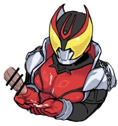 1boy armor armored_male bat bukkake bust_portrait censor_bar censored censored_penis chains cum cum_on_body cum_on_chest cum_on_hand cum_on_hands disembodied_penis hands_out helmet kamen_rider kamen_rider_kiva kamen_rider_kiva_(series) kintama_king45 looking_down looking_down_at_self male male_focus male_only mask masked masked_male penis penis_out red_armor solo vampire yellow_eyes