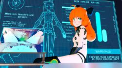 1girls 3d aacharsensei absurd_res blueprint cybernetics english_text female green_eyes grimm_(rwby) hairbow hologram naked nervous_smile nude orange_hair penny_polendina robot robot_girl robotic_arm rwby science_fiction solo torn_clothes