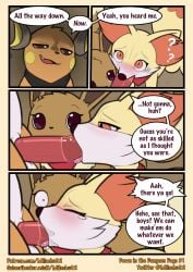 absurd_res blush bodily_fluids deep_throat dialogue eevee fellatio female fennekin generation_1_pokemon generation_6_pokemon genitals hi_res kerchief kerchief_only male milachu92 mostly_nude neckerchief neckerchief_only neckwear nintendo oral oral_penetration penetration penile penis pokemon pokemon_(species) pokemon_mystery_dungeon raichu saliva sex size_difference spike_chunsoft