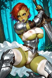 ai_generated areola areola_bulge areola_slip areolae areolae_slip armor big_lips blue_eyes blush breasts_squish female female_focus female_knight female_only freckles freckles_on_face high_heels holding_weapon leotard mascara mozag_(rodinsinker) navel nipples_visible_through_clothing orc orc_female original_character puffy_pussy pussy_juice red_hair rodinsinker rubbing_pussy rubbing_pussy_against_pole skirt skirt_lift skirt_up solo solo_female spread_legs spreading thigh_highs thigh_squish underboob underboob_cutout