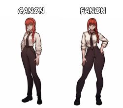 absurdres black_necktie black_pants braid braided_ponytail breasts canon_vs_fanon_(meme) chainsaw_man collared_shirt commentary comparison contrapposto english_commentary english_text female formal_clothes high-waist_pants highres long_hair long_sleeves looking_at_viewer makima_(chainsaw_man) medium_breasts medium_hair meme necktie pants red_hair redteneri ringed_eyes shirt sidelocks simple_background sleeves_rolled_up smile solo standing tight_clothes tight_pants white_shirt yellow_eyes