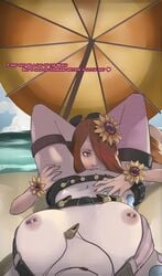 2girls beach belt breasts brown_eyes bullet cunnilingus female female_only female_pov hair hair_flower hair_over_one_eye jinx_(league_of_legends) league_of_legends leona_(league_of_legends) licking lying multiple_females multiple_girls navel necklace nipple_piercing nipples on_back oral piercing pool_party_leona pool_party_series pov red_hair stockings submissive_pov sunflower tattoo umbrella yuri zaun-derground