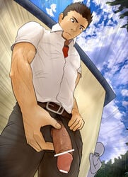 1boy bar_censor bara brown_hair erection funa_(artist) male male_only muscle muscles outdoors penis public student sweat tagme yaoi