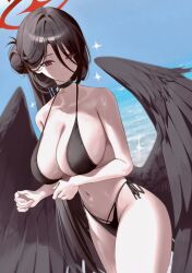 bell bikini black_bikini black_choker black_wings blue_archive blue_sky blush choker closed_mouth day feathered_wings female halo hasumi_(blue_archive) hasumi_(swimsuit)_(blue_archive) highleg highleg_bikini highres jingle_bell long_hair looking_at_viewer low_wings navel neck_bell ocean official_alternate_costume official_alternate_hairstyle outdoors oversized_wings red_eyes red_halo salmon88 side-tie_bikini_bottom sky smile solo sparkle sparkling_aura stomach swimsuit very_long_hair wings