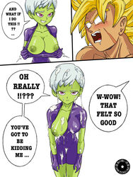 1boy 1girls abs alien alien_girl areolae breasts breasts_out broly cheelai clothed comic cum cum_on_breasts cum_on_clothes cum_on_face cum_on_hair dark_toons_cave dragon_ball dragon_ball_super duo empty_eyes excessive_cum facial female flashing gloves gold_hair green_skin half-closed_eyes highres humanoid interspecies larger_male legendary_super_saiyan male muscles muscular_female muscular_male nipples nude one_breast_out penis pink_eyes pubic_hair scar short_hair size_difference smaller_female spandex speech_bubble straight super_saiyan sweat text text_focus thick_thighs thigh_gap veins veiny_penis watermark white_hair wide_hips