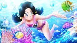 1female 1girls belly_button black_hair blue_eyes breasts bubbles cleavage coral dragon_ball dragon_ball_xenoverse dragon_ball_xenoverse_2 dragon_ball_z female female_focus female_only fish holding_breath navel official_art open_eyes smile smiling solo solo_female solo_focus swimming swimsuit swimwear twintails underwater videl