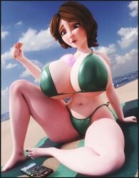 aunt aunt_cass beach beach_towel big_hero_6 bikini bikini_bottom bikini_top blender cellphone detailed_background disney drakepowers full_body green_bikini green_clothing huge_breasts ice_cream ice_cream_on_breasts marvel mature mature_female milf phone voluptuous