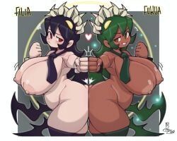 2girls ass ass-to-ass belly belly_bulge big_ass big_breasts black_hair breasts curvy dark-skinned_female dark_skin doctor5648 female filia_(skullgirls) fukua_(skullgirls) girls green_hair huge_ass huge_breasts long_hair nail_polish nails_painted nipples nude plump prehensile_hair red_eyes samson_(skullgirls) shamone_(skullgirls) skullgirls solo stockings thick_thighs thighhighs thighs thunder_thighs tummy tummy_bulge venus_body voluptuous voluptuous_female wide_hips