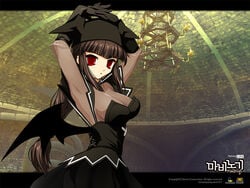 arms_up black_hair bodysuit breasts cleavage demon_girl elbow_gloves gloves gothic hat long_hair looking_at_viewer mabinogi official_art ponytail red_eyes solo succubus succubus_(mabinogi) tied_hair wallpaper wings