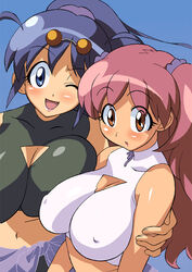 2girls :o age_difference antenna_hair bare_shoulders bb blue_eyes blue_hair blush breast_press breasts cirima cleavage cleavage_cutout crop_top erect_nipples female female_only hinata_aki hinata_natsumi huge_breasts keroro_gunsou large_breasts lipstick long_hair makeup midriff mother_and_daughter multiple_girls navel open_mouth orange_eyes pink_hair ponytail sleeveless sleeveless_shirt sunglasses sunglasses_on_head sweater_around_waist tied_hair turtleneck twintails volvox wink