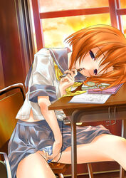 07th_expansion clothed_masturbation clothing desk discreet_vibrator higurashi_no_naku_koro_ni masturbation orange_hair panties pleated_skirt red_hair ryuuguu_rena saliva school_uniform serafuku short_hair skirt solo striped striped_panties tororo vibrator vibrator_under_clothes vibrator_under_panties