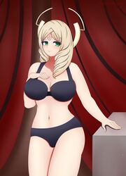 1girls bare_legs bare_shoulders big_breasts blonde_hair blush bra emmeryn_(fire_emblem) female fire_emblem fire_emblem_awakening green_eyes large_breasts light_blush long_hair midriff nintendo panties seelenfresserin solo solo_female thick_thighs thighs underwear