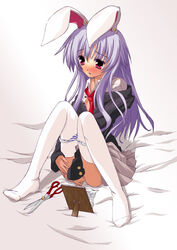 animal_ear blue_panties blush bunny_ear clothing exploration feet masturbation mirror no_shoes nose_blush on_bed open_clothes open_shirt panties panty_pull pleated_skirt reisen_udongein_inaba ryo ryo_(artist) scissors shaving shaving_pussy shirt skirt solo striped striped_panties thighhighs touhou unbuttoned underwear white_legwear white_thighhighs