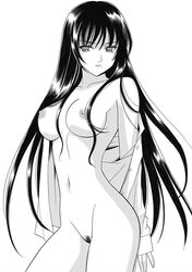 1girls breasts female greyscale kanekiyo_miwa long_hair mole monochrome naked_shirt nipples nude open_clothes open_shirt osakabe_itoko pubic_hair school_rumble shirt simple_background solo teacher white_background