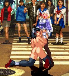 2girls animated audience capcom capcom_fighting_jam defeated female female_focus ingrid_(capcom) iroha lowres m.u.g.e.n multiple_girls nude onlookers pixel_art public public_humiliation public_nudity public_sex sprite watching yuri