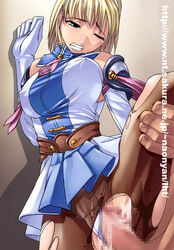 blonde_hair cassandra_alexandra censored clothed_sex female gloves green_eyes human male panties panty_pull pantyhose pantyshot pussy rape sex soul_calibur straight tasaka_shinnosuke torn_clothes torn_pantyhose underwear white_panties