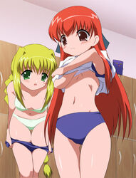 2girls asagi_michiyo blonde_hair bloomers bow bow_panties bra brown_eyes buruma female female_only fictional_persona frilled_bra frills green_bra green_eyes green_panties gym_uniform leaning_forward lingerie long_hair mahoraba matsuba_satsuki multiple_girls navel panties red_hair shirt_lift standing thigh_gap underwear undressing white_bra